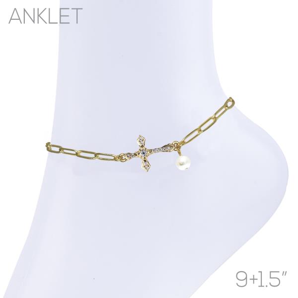 Cross Pearl Bead Oval Link Anklet