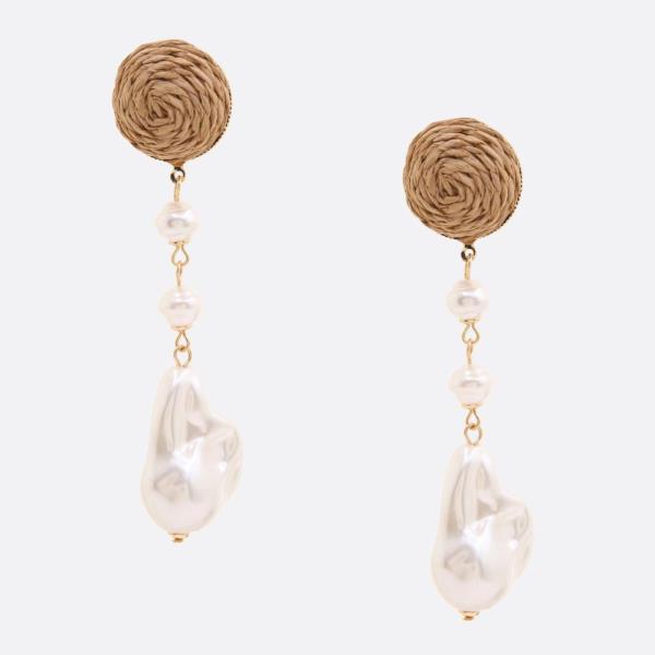 Pearl Bead Raffia Dangle Earring