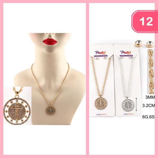 Rhinestone Cross Pendant Necklace (12 Units)