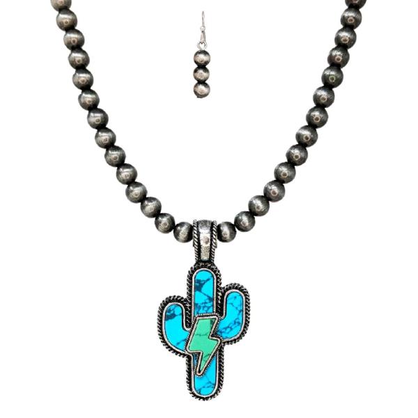 Western Cactus Pendant Beaded Necklace