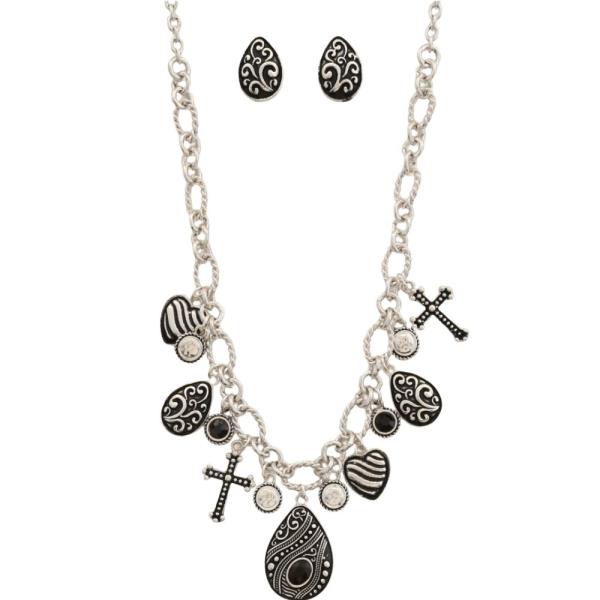 Metal Cross Heart Teardrop Pendant Necklace Set