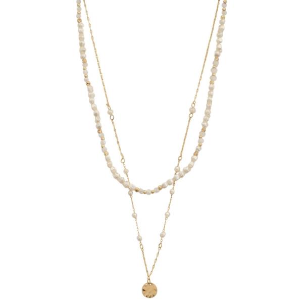 Hammered Metal Coin Pearl Bead Layered Necklace