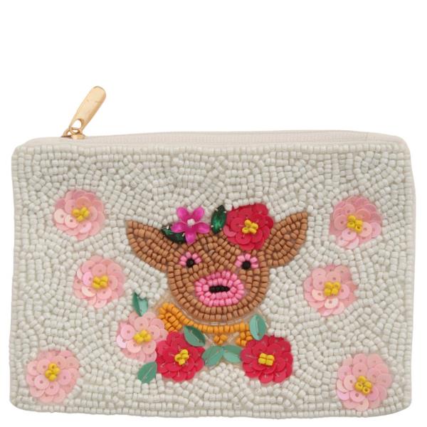 Cow Floral Seed Bead Coin Pouch
