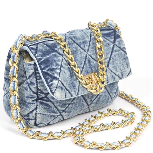 Quilted Washed Denim Flap Clutch Bag
