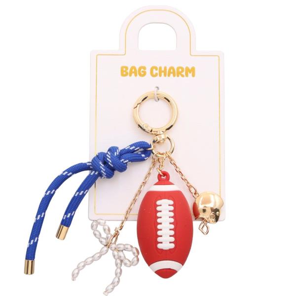 FOOTBALL PEARL RIBBON BOW BAG CHARM KEYCHAIN