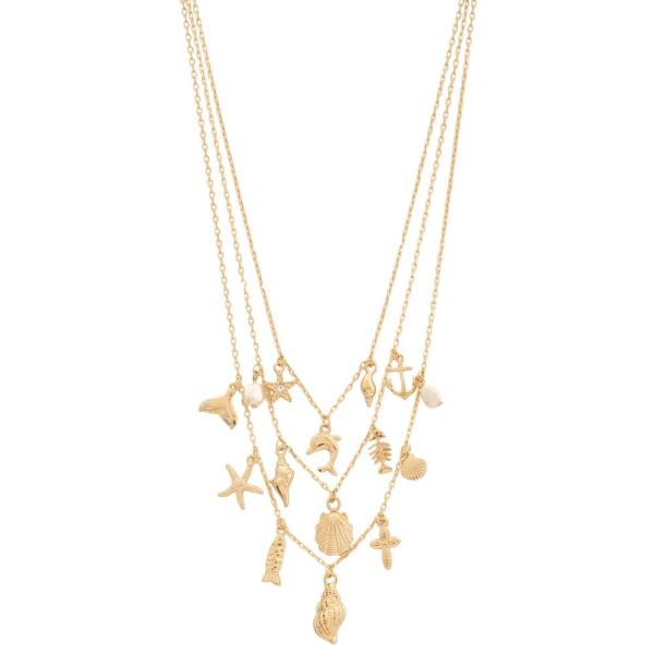 Sea Life Multi Charm Pearl Bead Layered Necklace