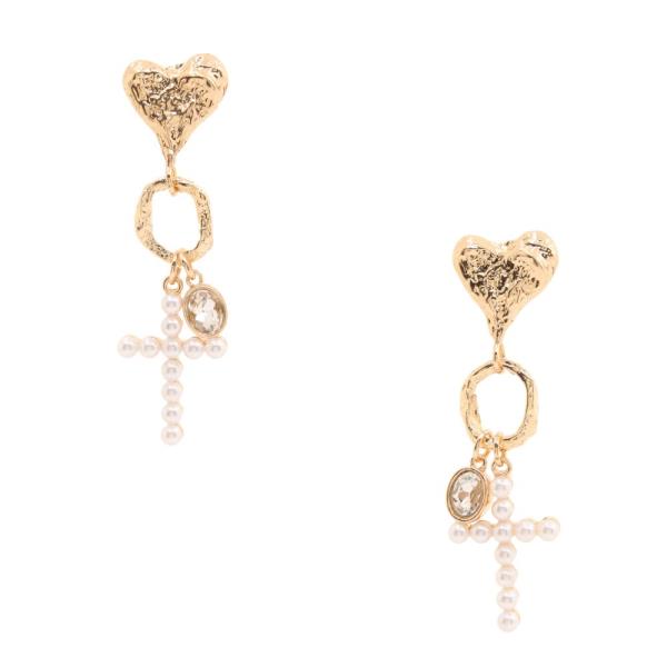 Pearl Cross Hammered Heart Link Dangle Earring