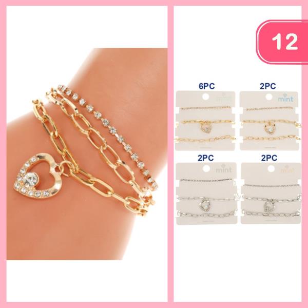 Rhinestone Heart Charm Bracelet (12 Units)