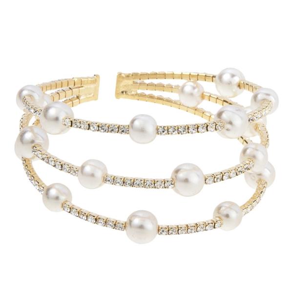 Pearl Bead Rhinestone Memory Wire Bracelet