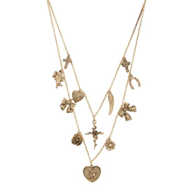 Cross Flower Ribbon Multi Charm Layered Necklace