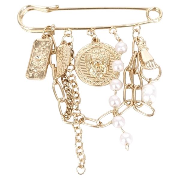LION HEAD COIN PEARL BEAD MULTI CHARM BROOCH