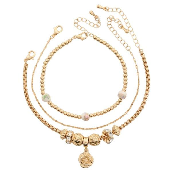Rose Charm Rondell Chain Bracelet 3 Pc Set
