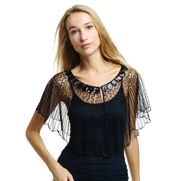 Sequin Embellished Sheer Mesh Shawl Cape