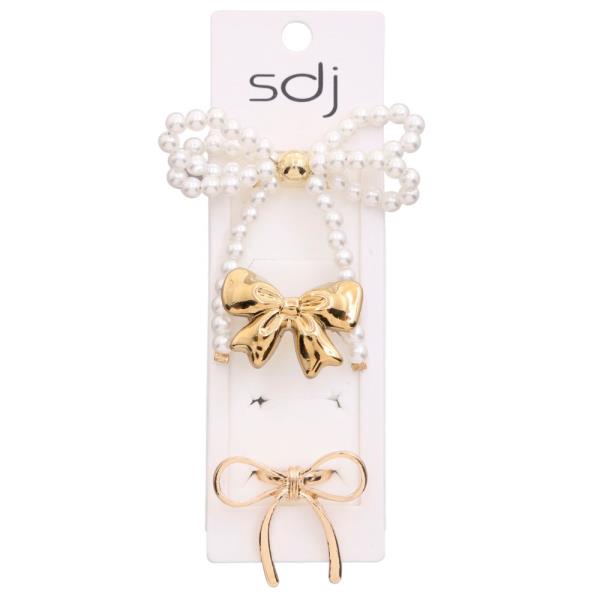 SDJ Ribbon Bow Pearl Bead Metal Assorted Ring Set