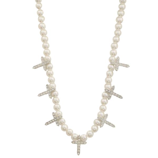 SDJ Rhinestone Cross Pearl Bead Necklace