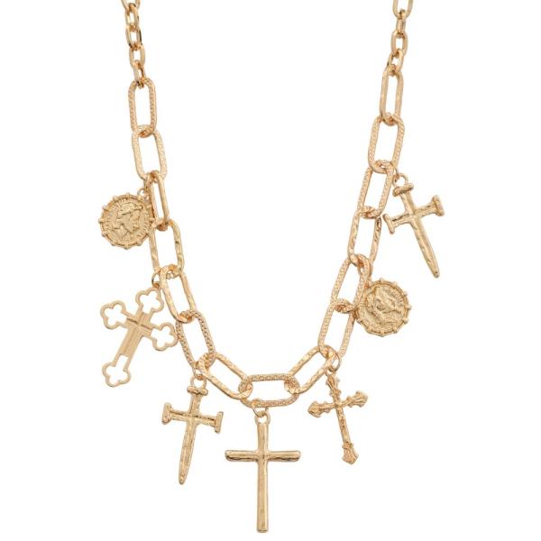 SDJ Cross Multi Charm Oval Link Metal Necklace