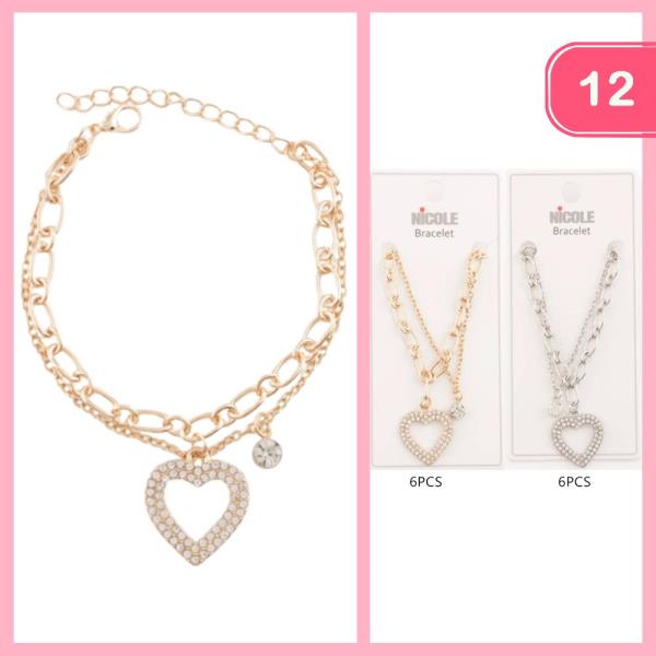 Rhinestone Heart Charm Bracelet (12 Units)