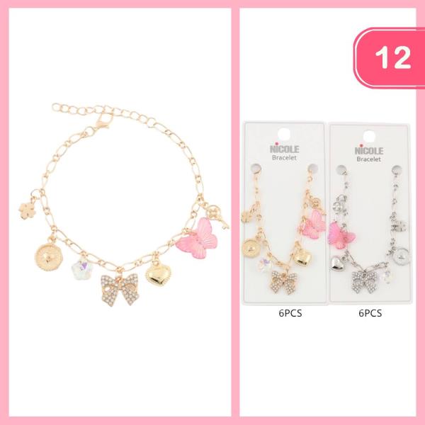 Butterfly Bow Heart Charm Bracelet (12 Units)