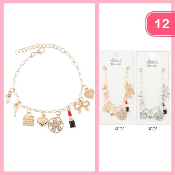 Heart Bow Lipstick Purse Charm Bracelet (12 Units)
