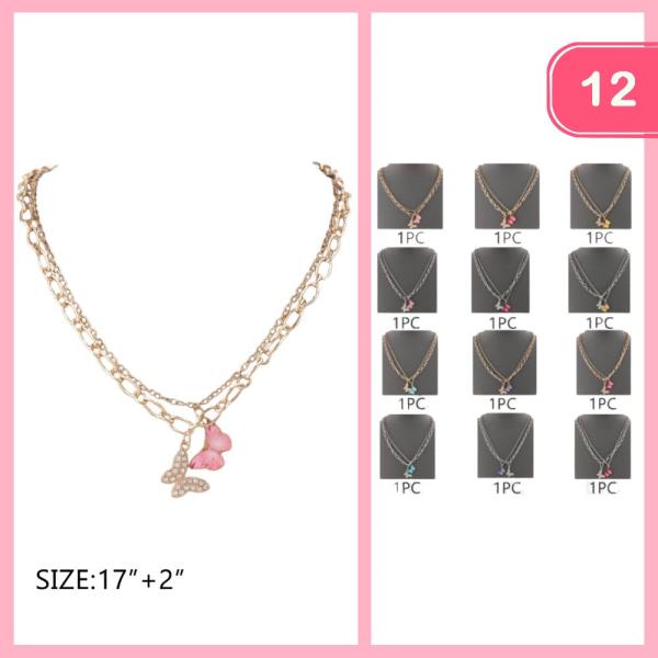 Rhinestone Butterfly Pendant Necklace (12 Units)