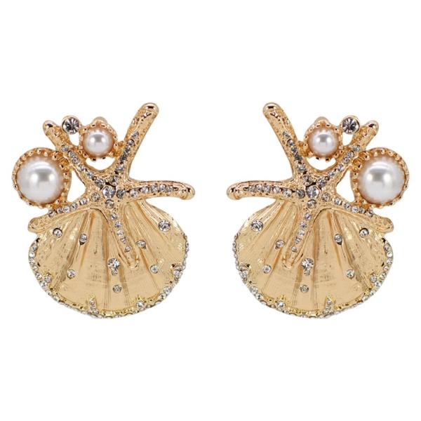 PEARL AND RHINESTONE ENCRUSTED SEA SHELL MOTIF EARRING