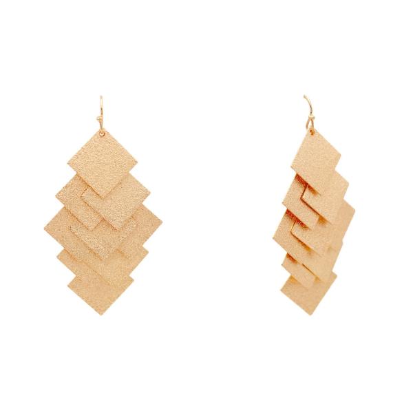TEXTURED METAL STACKED DIAMOND SHAPE DANGLE HOOK EARRINGS