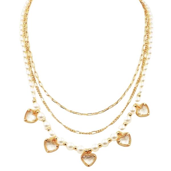 Glass Heart Charm Station Pearl Layered Necklace