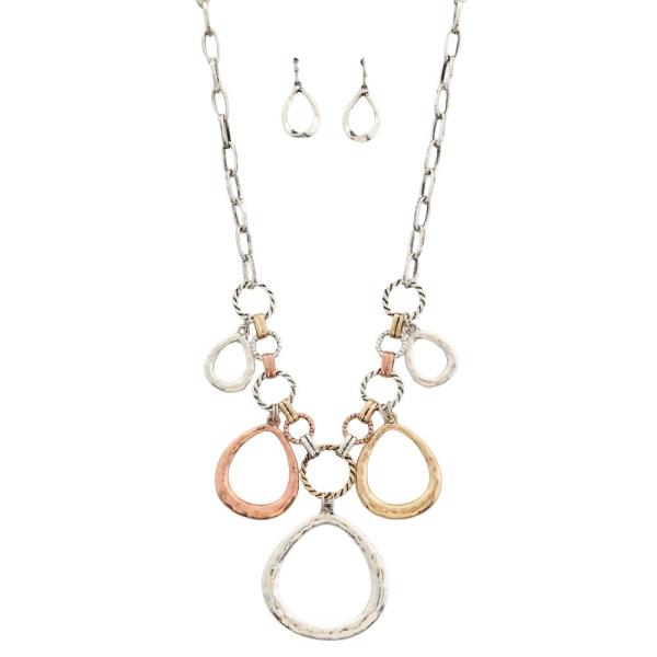 Tri Tone Teardrop Charm Necklace Earring Set