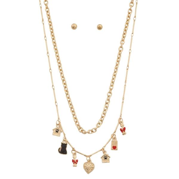 CAT HEART MULTI CHARM 2 LAYERED METAL CHAIN NECKLACE EARRING SET