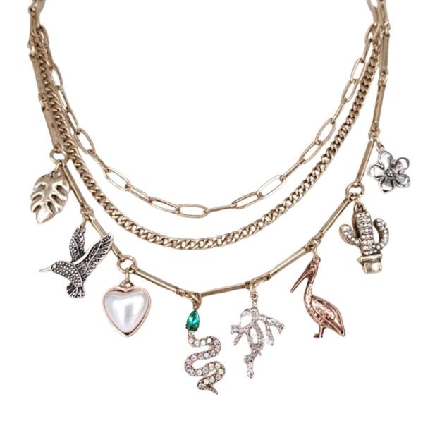 3 Layered Multi Animal Charm Necklace Earring Set