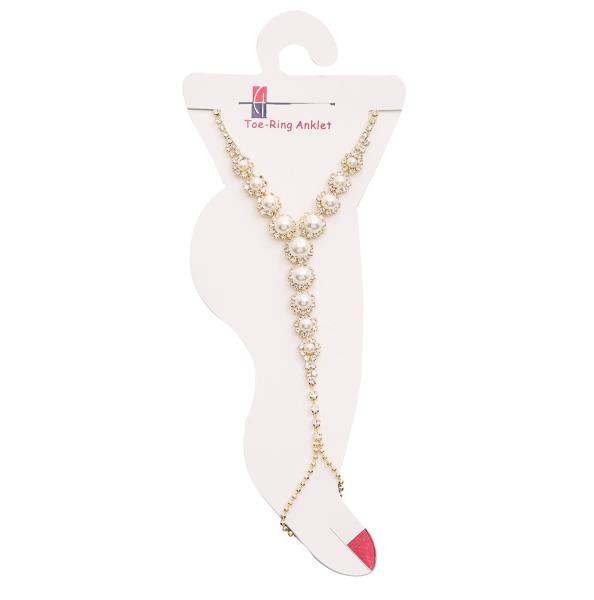 Pearl Bead Metal Rhinestone Toe Ring Anklet