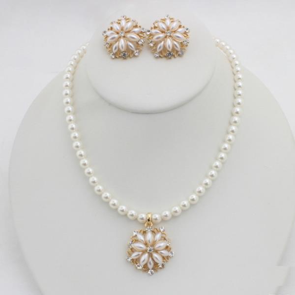 Pearl Bead Necklace Earring Set Crystal Pendant