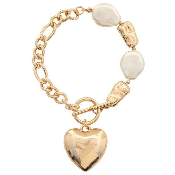 Metal Faux Pearl Heart Pendant Toggle Bracelet