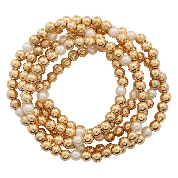 Metal Round Bead Faux Pearl Stretch Bracelet Set