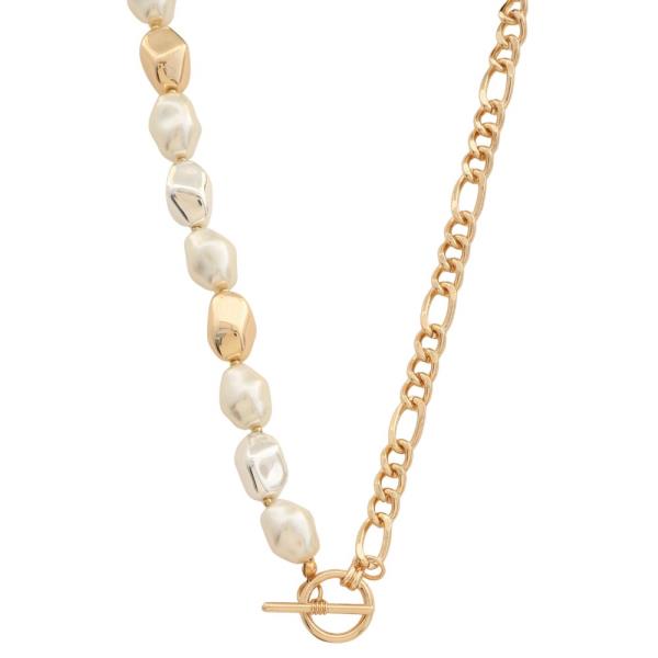 Pearl Metal Bead Chain Toggle Clasp Necklace