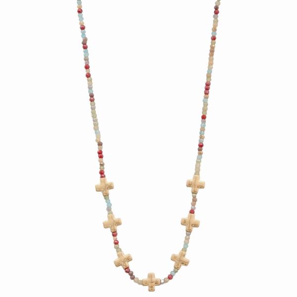 Seed Bead Metal Cross Station Necklace