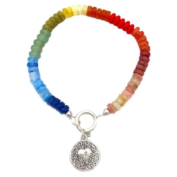 Rainbow Glass Disc Bead Heart Charm Bracelet