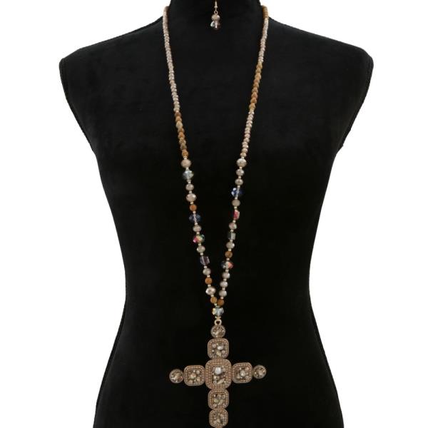 Multicolor Faceted Bead Drop Cross Pendant Necklace