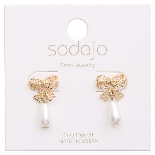 SODAJO Gold Dipped CZ Ribbon Pearl Dangle Earring