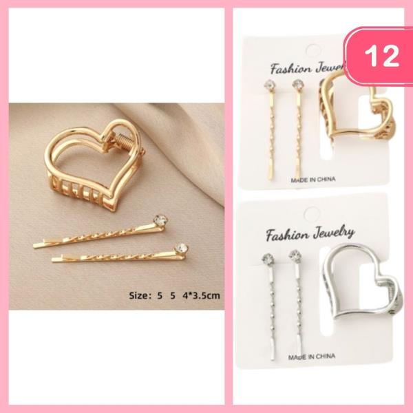 Heart Hair Claw Clip Bobby Pin Set (12 Units)