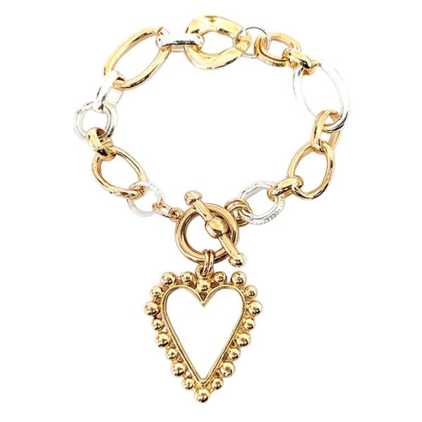 Two Tone Heart Shape Link Toggle Clasp Bracelet