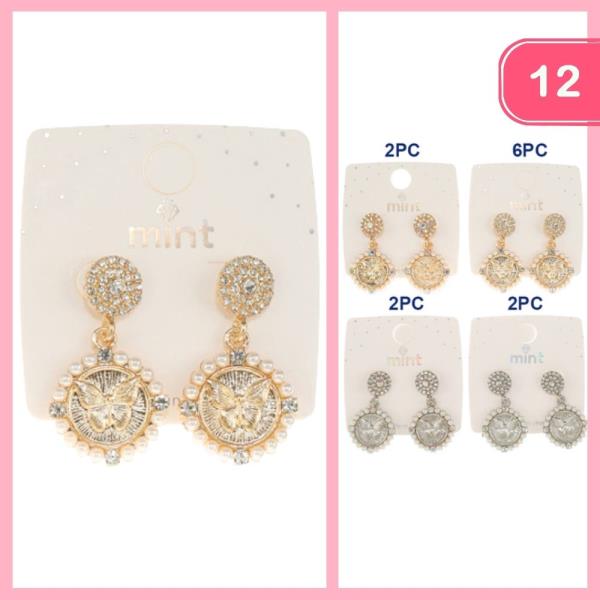Rhinestone Pearl Butterfly Earrings (12 Units)