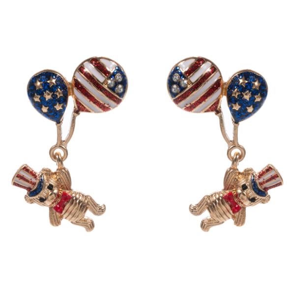 White Blue USA Flag Balloons Holding Bear Earring