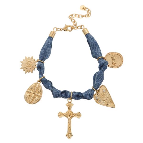 Cross Multi Charm Denim Bracelet