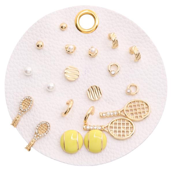 Tennis Ball Racket Enamel Crystal Gold Earring Set