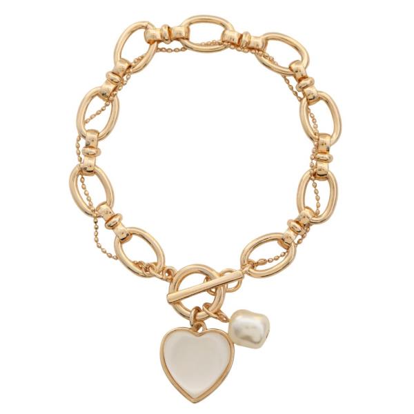 Pearl Heart Charm Oval Link Toggle Clasp Bracelet