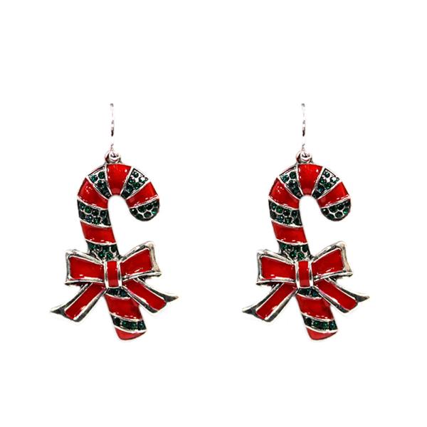 CHRISTMAS CANDY CANE RHINESTONE DANGLE EARRING