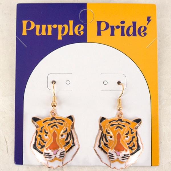 Game Day Enamel Tiger Face Dangle Hook Earrings