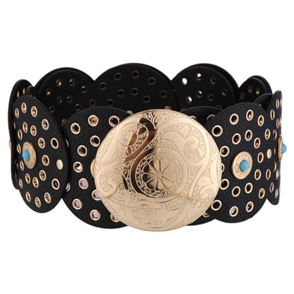 TEXTURED FAUX LEATHER METAL CIRCLE FLORAL ENGRAVED TURQUOISE ORNAMENT EYELET STRETCH BELT