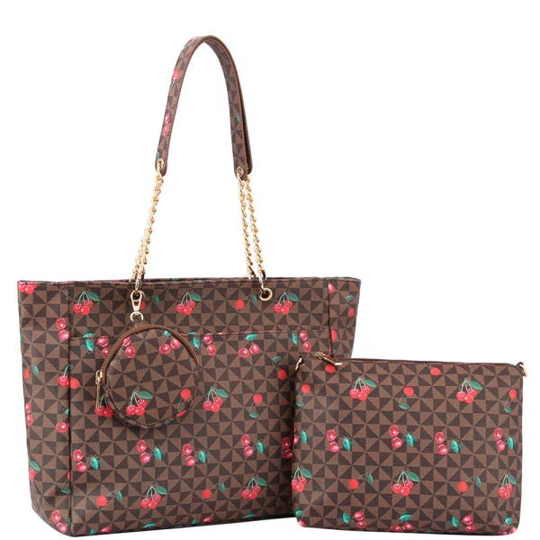 3IN1 Cherry Monogram Tote W Pouch Coin Purse